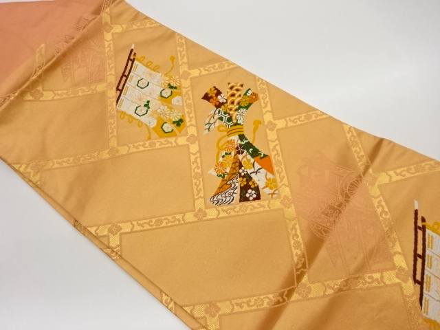 檜垣・几帳に束ね熨斗・御所車模様織出し名古屋帯